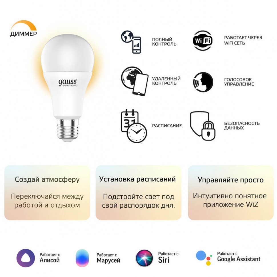 Лампа светодиодная диммируемая Gauss E27 8,5W 2700K матовая 1050112